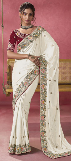 White and Off White color Saree in Georgette fabric with Bugle Beads, Sequence, Thread, Zari work