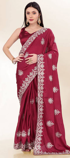 Red and Maroon color Saree in Silk fabric with Embroidered, Sequence, Thread work