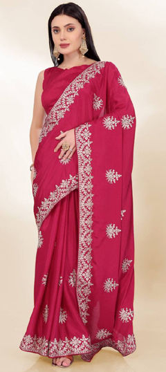 Pink and Majenta color Saree in Silk fabric with Embroidered, Sequence, Thread work