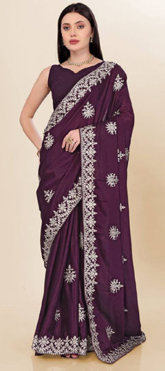 Purple and Violet color Saree in Silk fabric with Embroidered, Sequence, Thread work