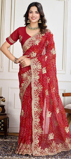 Red and Maroon color Saree in Georgette fabric with Bandhej, Embroidered, Printed, Thread, Zari work