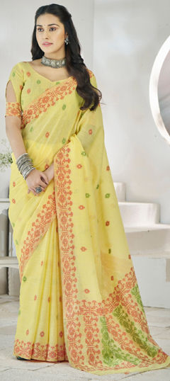 Yellow color Saree in Linen fabric with Weaving work