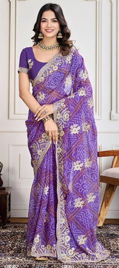 Purple and Violet color Saree in Georgette fabric with Bandhej, Embroidered, Printed, Thread, Zari work