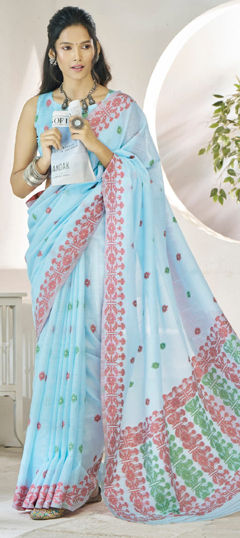 Blue color Saree in Linen fabric with Weaving work