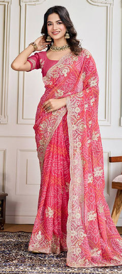 Pink and Majenta color Saree in Georgette fabric with Bandhej, Embroidered, Printed, Thread, Zari work