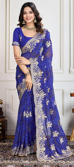 Blue color Saree in Georgette fabric with Bandhej, Embroidered, Printed, Thread, Zari work