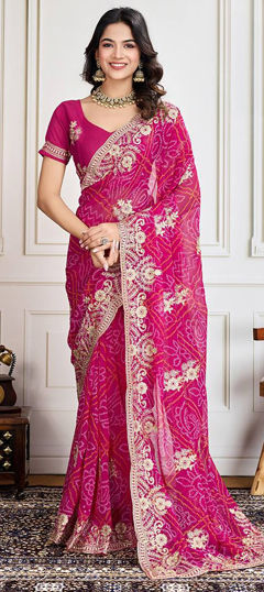 Pink and Majenta color Saree in Georgette fabric with Bandhej, Embroidered, Printed, Thread, Zari work