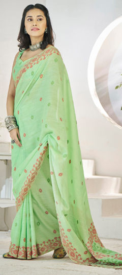 Green color Saree in Linen fabric with Weaving work