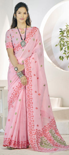 Pink and Majenta color Saree in Linen fabric with Weaving work