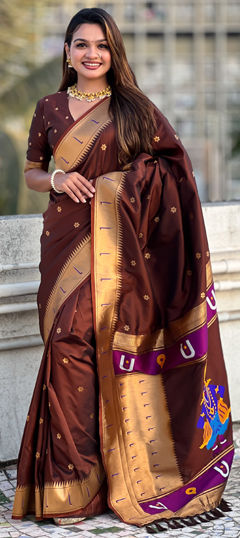 Beige and Brown color Saree in Silk fabric with Weaving work