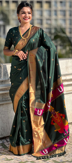 Green color Saree in Silk fabric with Weaving work