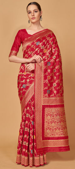 Red and Maroon color Saree in Banarasi Silk fabric with Weaving, Zari work