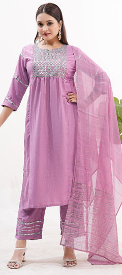 Pink and Majenta color Salwar Kameez in Art Silk fabric with Embroidered, Resham, Sequence work