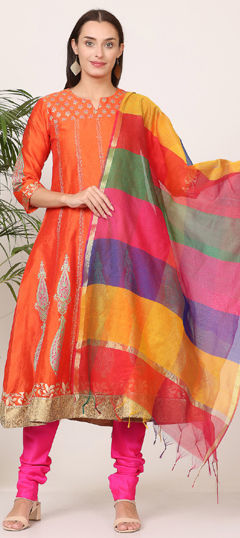 Orange color Salwar Kameez in Silk fabric with Block Print work