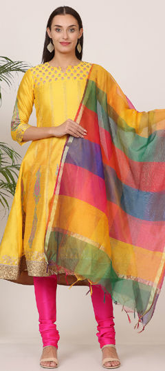 Yellow color Salwar Kameez in Silk fabric with Block Print work