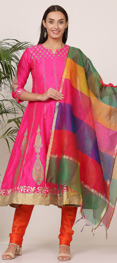 Pink and Majenta color Salwar Kameez in Silk fabric with Block Print work