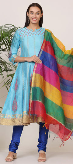 Blue color Salwar Kameez in Silk fabric with Block Print work