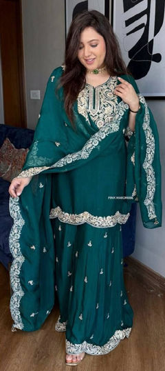Green color Salwar Kameez in Faux Georgette fabric with Embroidered, Sequence, Thread work