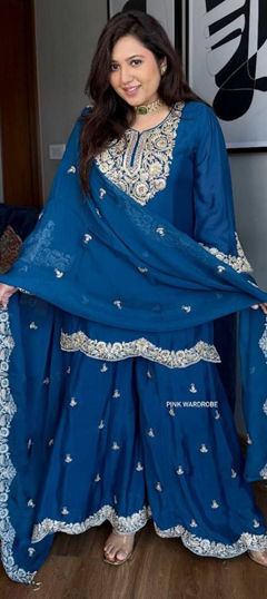 Blue color Salwar Kameez in Faux Georgette fabric with Embroidered, Sequence, Thread work