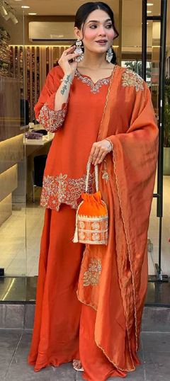 Orange color Salwar Kameez in Faux Georgette fabric with Embroidered, Sequence, Thread work