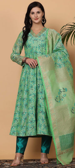 Green color Salwar Kameez in Chanderi Silk fabric with Block Print work