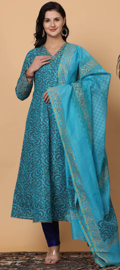 Blue color Salwar Kameez in Chanderi Silk fabric with Block Print work