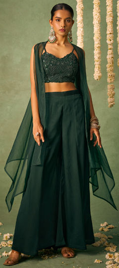 Green color Salwar Kameez in Silk fabric with Bugle Beads, Sequence work