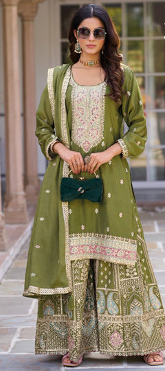 Green color Salwar Kameez in Silk fabric with Embroidered, Patch, Sequence, Thread, Zari work