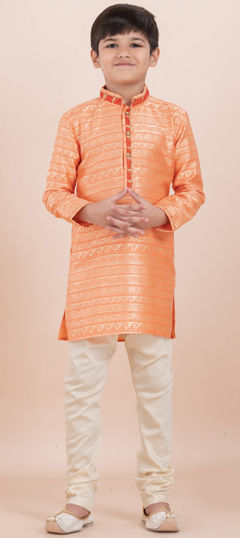 Orange color Boys Kurta Pyjama in Jacquard fabric with Thread, Weaving work