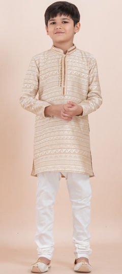 White and Off White color Boys Kurta Pyjama in Jacquard fabric with Thread, Weaving work