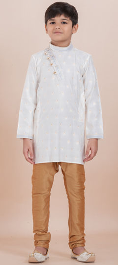 White and Off White color Boys Kurta Pyjama in Cotton fabric with Thread, Weaving, Zari work