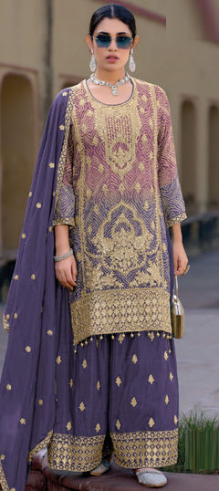 Purple and Violet color Salwar Kameez in Silk fabric with Bandhej, Digital Print, Embroidered, Sequence, Thread, Zari work