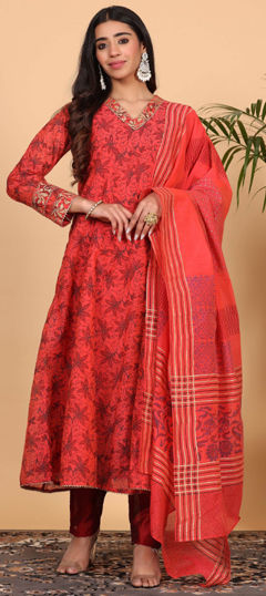 Red and Maroon color Salwar Kameez in Chanderi Silk fabric with Block Print work