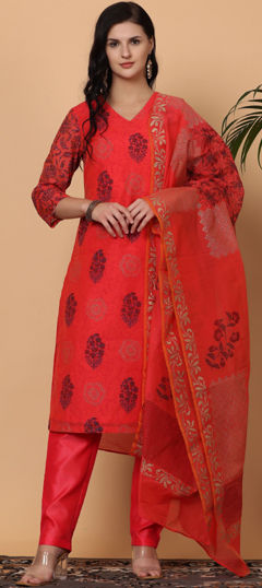 Red and Maroon color Salwar Kameez in Chanderi Silk fabric with Block Print work