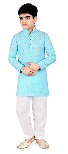 Blue color Boys Kurta Pyjama in Cotton fabric with Embroidered, Thread work