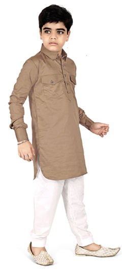 Beige and Brown color Boys Kurta Pyjama in Cotton fabric with Thread work