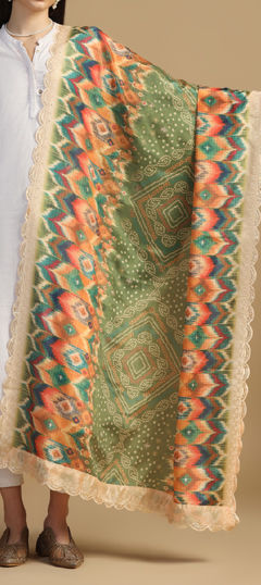 Green color Dupatta in Art Silk fabric with Digital Print, Embroidered work