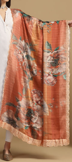 Beige and Brown color Dupatta in Art Silk fabric with Digital Print, Embroidered work