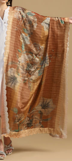 Beige and Brown color Dupatta in Art Silk fabric with Digital Print, Embroidered work