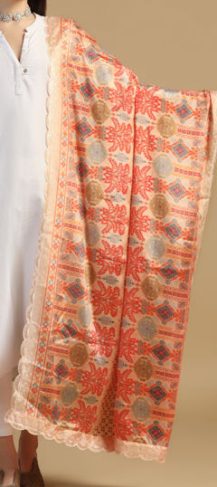 Orange color Dupatta in Art Silk fabric with Digital Print, Embroidered work