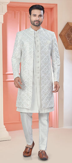White and Off White color IndoWestern Dress in Art Silk fabric with Embroidered, Sequence, Thread work