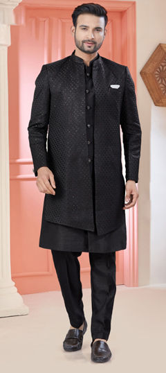 Black and Grey color IndoWestern Dress in Art Silk fabric with Embroidered, Sequence, Thread work