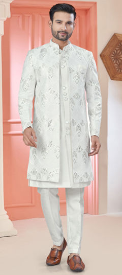 White and Off White color IndoWestern Dress in Art Silk fabric with Embroidered, Sequence, Thread work