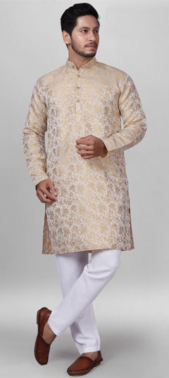 Beige and Brown color Kurta Pyjamas in Jacquard fabric with Weaving work
