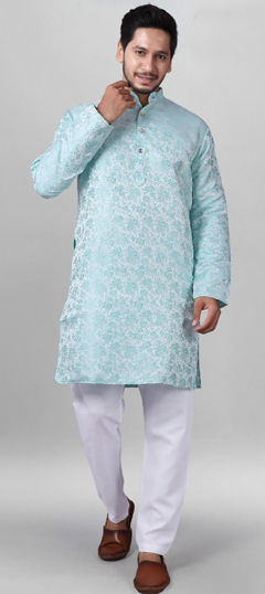 Blue color Kurta Pyjamas in Jacquard fabric with Weaving work