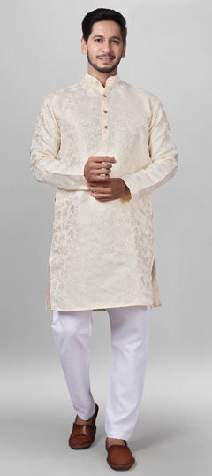 Beige and Brown color Kurta Pyjamas in Jacquard fabric with Weaving work