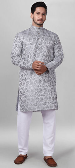 Black and Grey color Kurta Pyjamas in Jacquard fabric with Weaving work