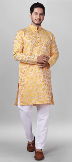 Yellow color Kurta Pyjamas in Jacquard fabric with Weaving work