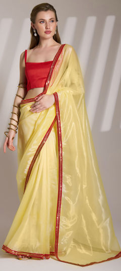 Yellow color Saree in Net fabric with Lace work