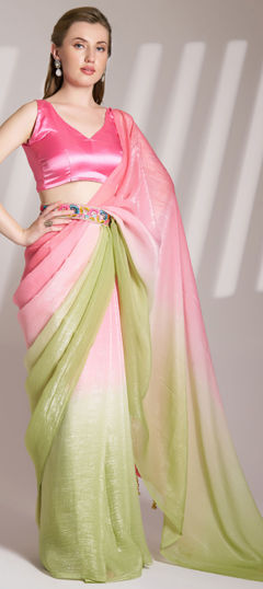 Pink and Majenta color Saree in Chiffon fabric with Thread work